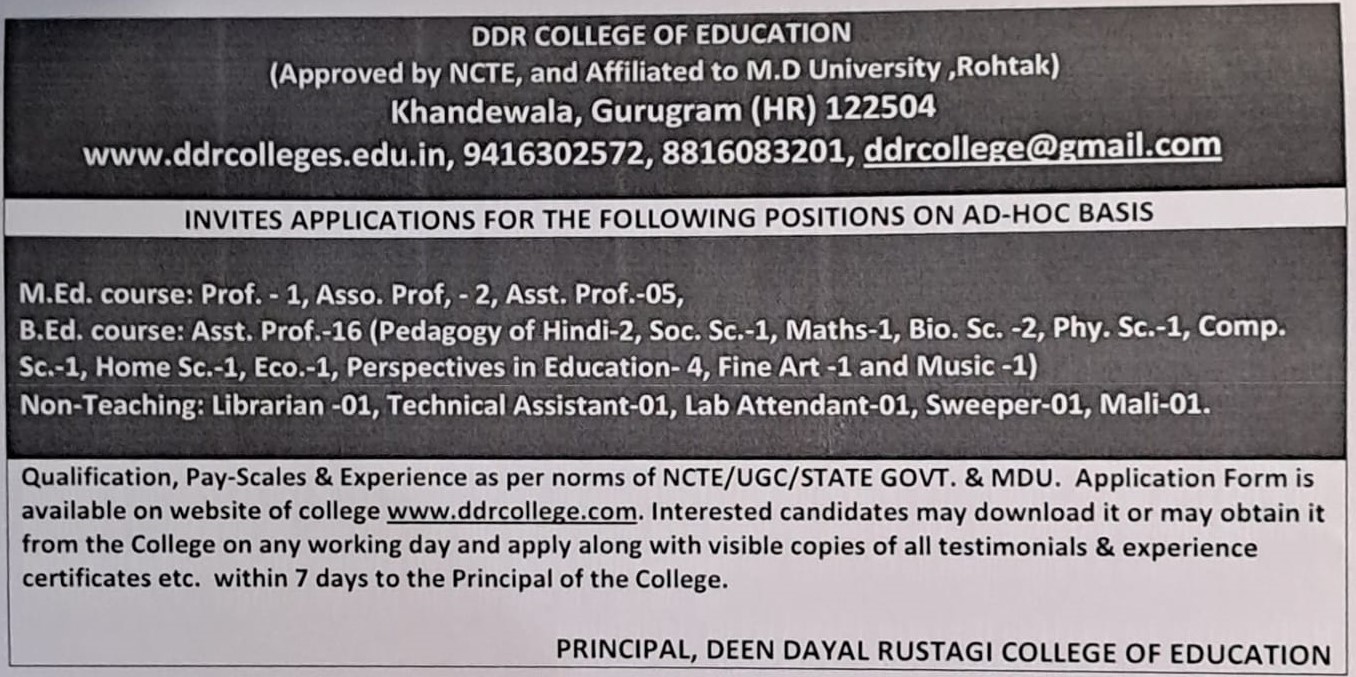 Invites applications for the following positions on AD-HOC basis DDR College of Education