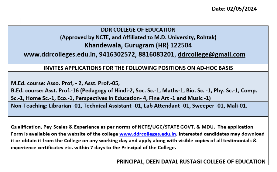 DDR COLLEGE OF EDUCATION Invites Applications for Positions on AD-HOC Basis