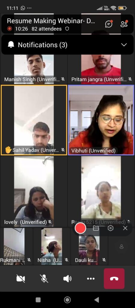 Webinar on The Art of Resume Building with Ms. Vibhuti Aggarwal organized by DDR Group of Colleges